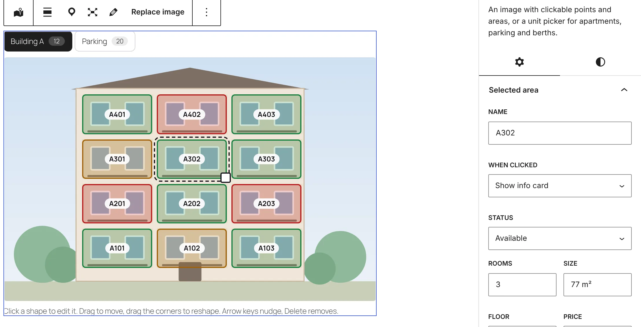The WordPress block editor with Tapmap: a building facade with apartments outlined in green, orange and red, tabs for Building A and Parking, and a sidebar for editing apartment A302.